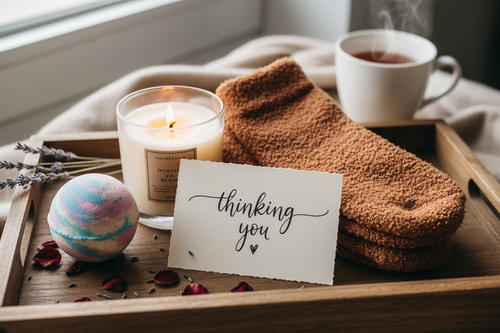 Tray with socks, candle, bath bomb, and card on a soft surface near a window.